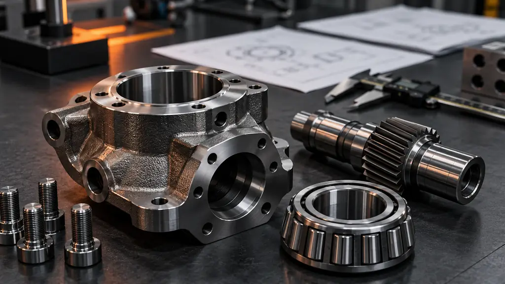 Machined heavy-duty components, a bearing and a measuring caliper on a workbench